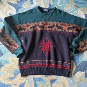 Pendleton Virgin Wool Nordic Green Navy Elk Knit Sweater L Crewneck Pullover